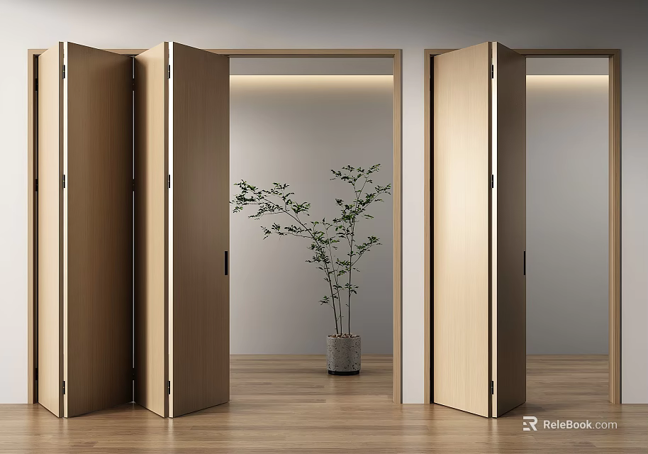 Open Wooden Folding Doors Showing Modern Interior Space With Green Plant Decoration 3d model 