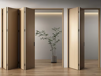 Open Wooden Folding Doors Showing Modern Interior Space With Green Plant Decoration 3d model