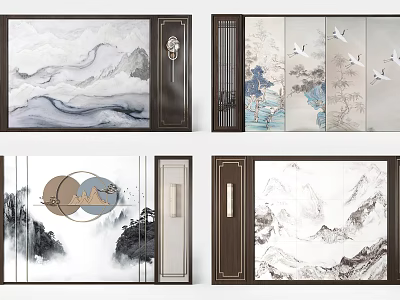 Chinese Style Background Wall With Mountain Landscape Cranes And Wooden Frames 3d model