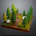 3D Forest Scene With Green Pine Trees Yellow Trees White Houses Red Ground And Grass