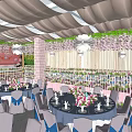 Elegant Banquet Hall With Hanging Flower Decor Round Tables And Chandelier Lighting