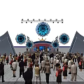 Concert Stage With Blue Lighting Effects Central Sphere And Crowd Audience