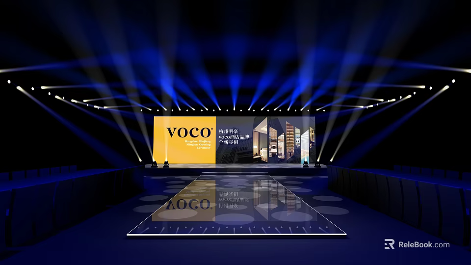 Grand voco Hotel Launch Event Stage With Backdrop Screen Architectural Images And Blue Lighting 3d model 