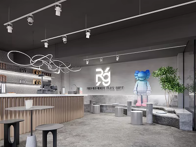 Modern Bubble Tea Shop Interior With Neon Sign Lounge Area Green Plants And Art Doll 3d model