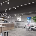 Modern Bubble Tea Shop Interior With Neon Sign Lounge Area Green Plants And Art Doll