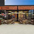 Industrial Bar With Gray Wall Yellow Pendant Lights Long Tables Chairs Large Windows Floor Arrows