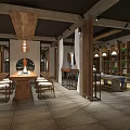 Rustic Restaurant Interior With Wooden Tables Hanging Lamps Stone And Greenery Walls