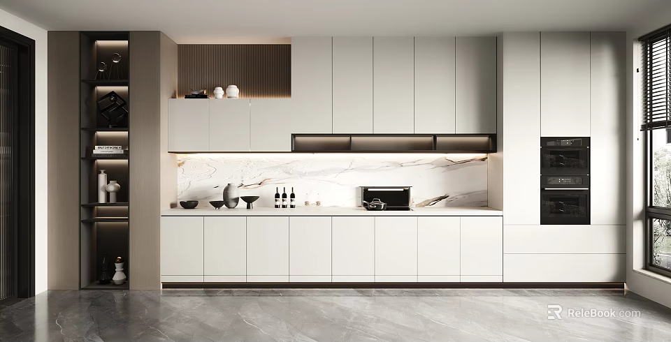 Modern White Kitchen Cabinets With Marble Countertop And Integrated Appliances Design 3d model 