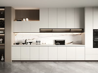 Modern White Kitchen Cabinets With Marble Countertop And Integrated Appliances Design 3d model