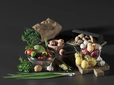 Fresh Assorted Vegetables Collection With Tomatoes Cucumbers Carrots Broccoli And Leafy Greens On Wooden Table 3d model