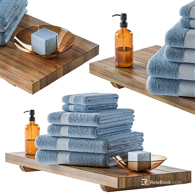 Soft Blue Bathroom Set With Stacked Towels Wooden Tray Soap And Perfume Bottle 3d model 