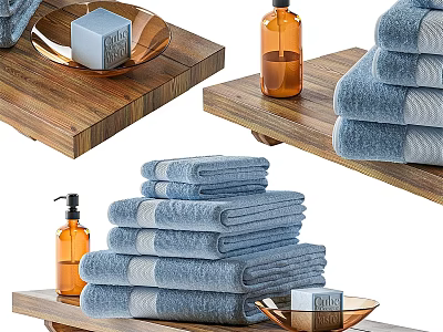 Soft Blue Bathroom Set With Stacked Towels Wooden Tray Soap And Perfume Bottle 3d model