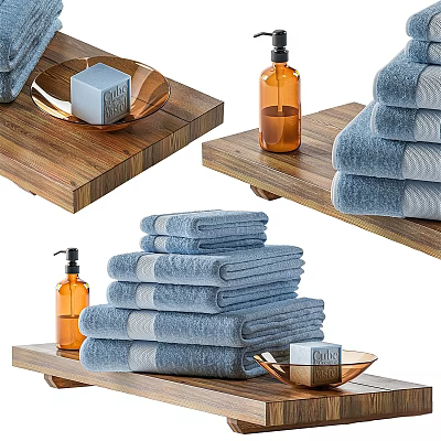 Soft Blue Bathroom Set With Stacked Towels Wooden Tray Soap And Perfume Bottle 3d model
