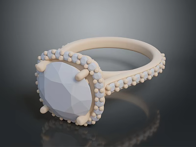 Elegant Daily Life Ring With Oval Gemstone And Beaded Decoration On Light Band 3d model