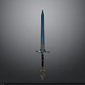 Ornate Fantasy Sword With Blue Blade Golden Accents And Black Hilt