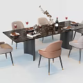 Modern Dining Table Set With Marble Top Multicolor Upholstered Chairs Tableware And Decorative Plant 3d model