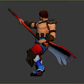 Shirtless red haired man holds long red staff in dynamic combat stance wearing red pants