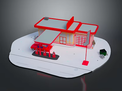 Gas Station Building With Red Exterior White Roof Fuel Pumps And Red Car 3d model