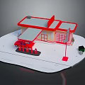 Gas Station Building With Red Exterior White Roof Fuel Pumps And Red Car
