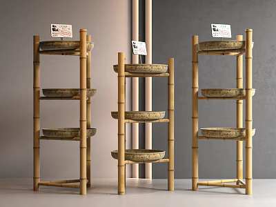 Natural Bamboo Storage Baskets On Multi Tier Shelf For Home Organization 3d model