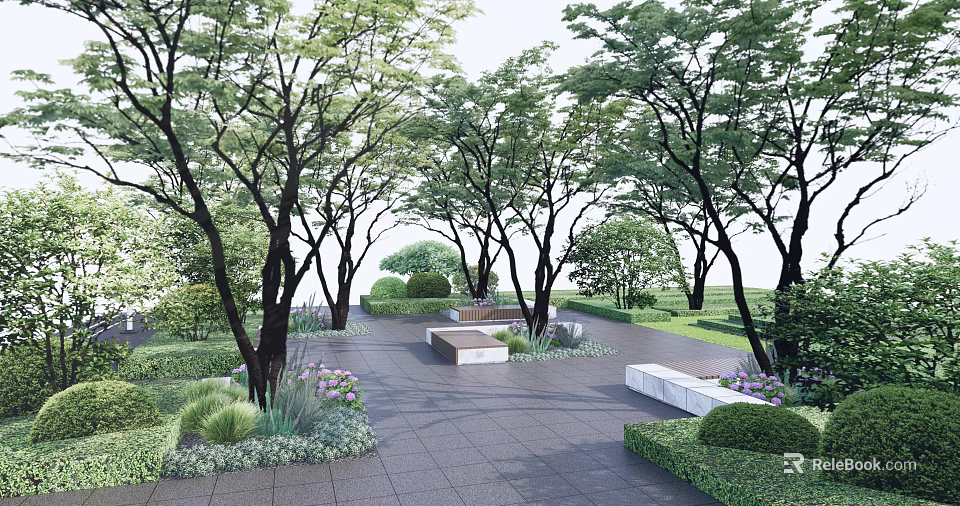 Park Landscape With Lush Trees Paved Stone Pathway Stone Benches Trimmed Bushes And Purple Flowers 3d model 
