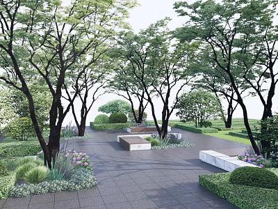 Park Landscape With Lush Trees Paved Stone Pathway Stone Benches Trimmed Bushes And Purple Flowers 3d model