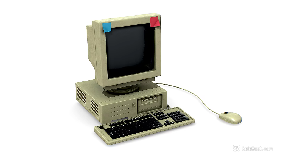 Vintage Desktop Computer With Monitor Keyboard Mouse And Red Blue Sticky Notes 3d model 