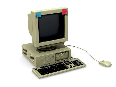 Vintage Desktop Computer With Monitor Keyboard Mouse And Red Blue Sticky Notes 3d model