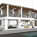 Two Story Restaurant With Thatched Roof White Exterior Balcony And Swimming Pool