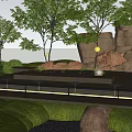 Scenic Park Landscape With Lush Trees Rocky Outcrops Seaside View And Illuminated Seating Platform