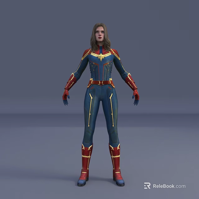 Woman in Blue Red Superhero Bodysuit with Gold Accents Red Gloves and Boots 3d model 