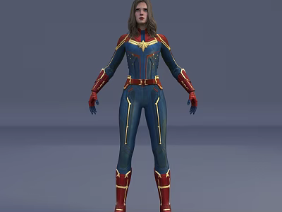 Woman in Blue Red Superhero Bodysuit with Gold Accents Red Gloves and Boots 3d model