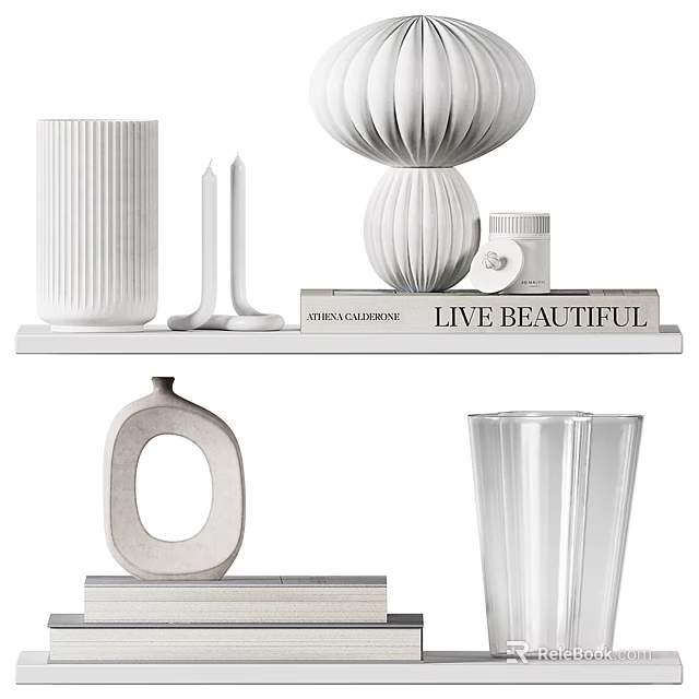 White Decorative Ornament Set With Vases Candles And Books For Home Decor 3d model 