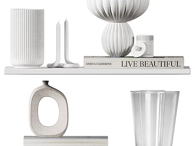 White Decorative Ornament Set With Vases Candles And Books For Home Decor 3d model