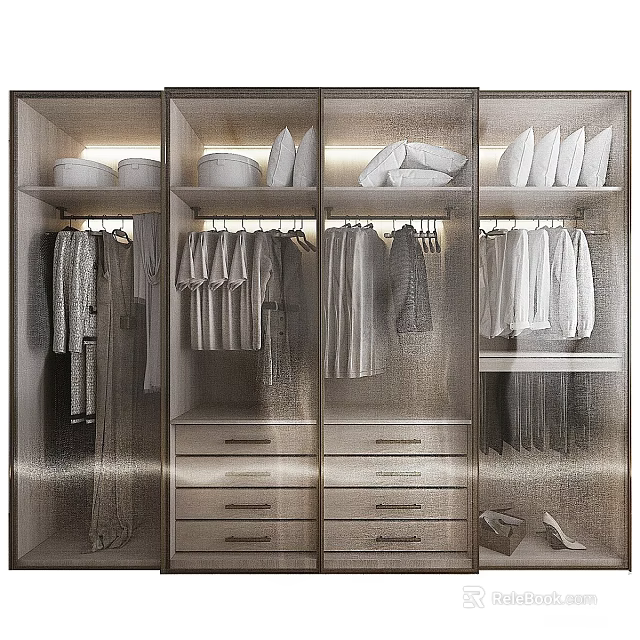 Modern Luxury Glass Door Wardrobe With Built In Lights Clothing Hanging Space And Storage Drawers 3d model 