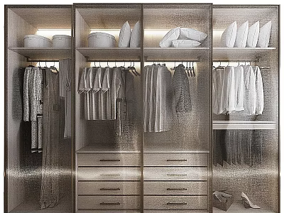 Modern Luxury Glass Door Wardrobe With Built In Lights Clothing Hanging Space And Storage Drawers 3d model