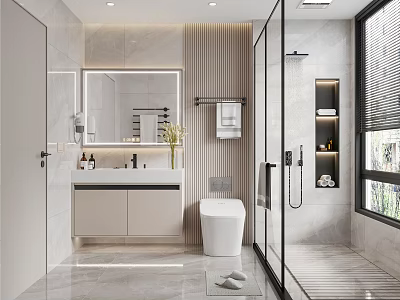 Modern Bathroom Interior With Glass Shower White Toilet Vanity Mirror Cabinets And Recessed Lighting 3d model