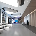 Modern Spacious Lobby Interior With Large Windows Light Colored Sofas Wooden Walls And Ceiling Light Strips 3d model