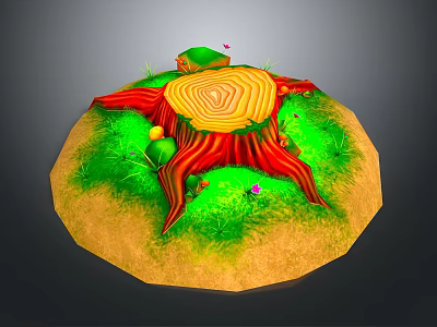 Vibrant Wood Tree Stump with Stone Ground Green Grass and Small Flowers Around 3d model