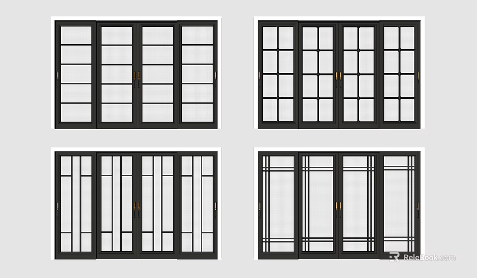 Different Sliding Doors Design With Black Frame And Grid Window Patterns 3d model
