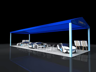 Modern Car Showroom With Blue Canopy Parked Cars And Display Easels 3d model