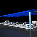 Modern Car Showroom With Blue Canopy Parked Cars And Display Easels