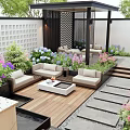 Modern Garden Design With Outdoor Sofas Coffee Table Colorful Flowers And Stone Pavement