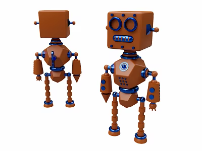 Smart Robot With Brown Square Body Blue Joints And Facial Features 3d model