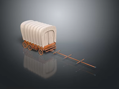 Vintage Covered Wagon With White Canvas Wooden Frame Wheels And Attached Hitch Pole 3d model