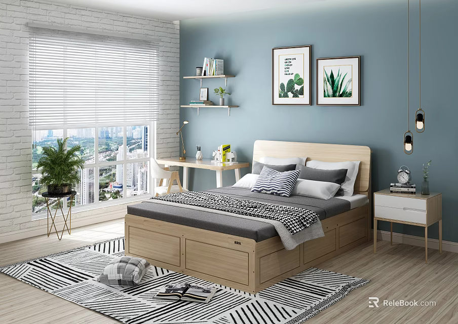 Wooden Double Bed with Light Blue Walls Window Blinds City View and Green Plant Art 3d model 