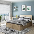 Wooden Double Bed with Light Blue Walls Window Blinds City View and Green Plant Art