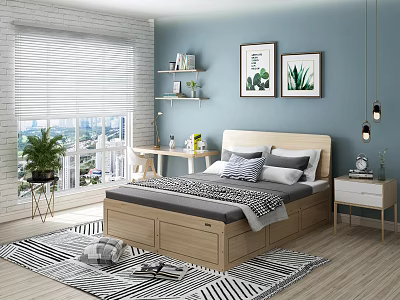 Wooden Double Bed with Light Blue Walls Window Blinds City View and Green Plant Art 3d model
