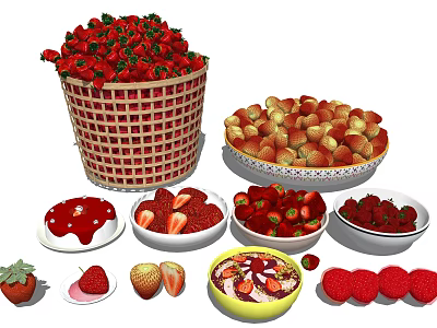 Fresh Strawberries in Wicker Basket Plate and Bowls with Jam and Dessert 3d model