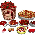 Fresh Strawberries in Wicker Basket Plate and Bowls with Jam and Dessert